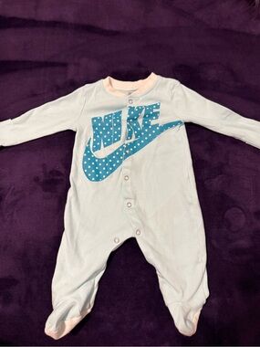 Nike Light Blue Footed One-Piece with Teal Polka Dot Swoosh